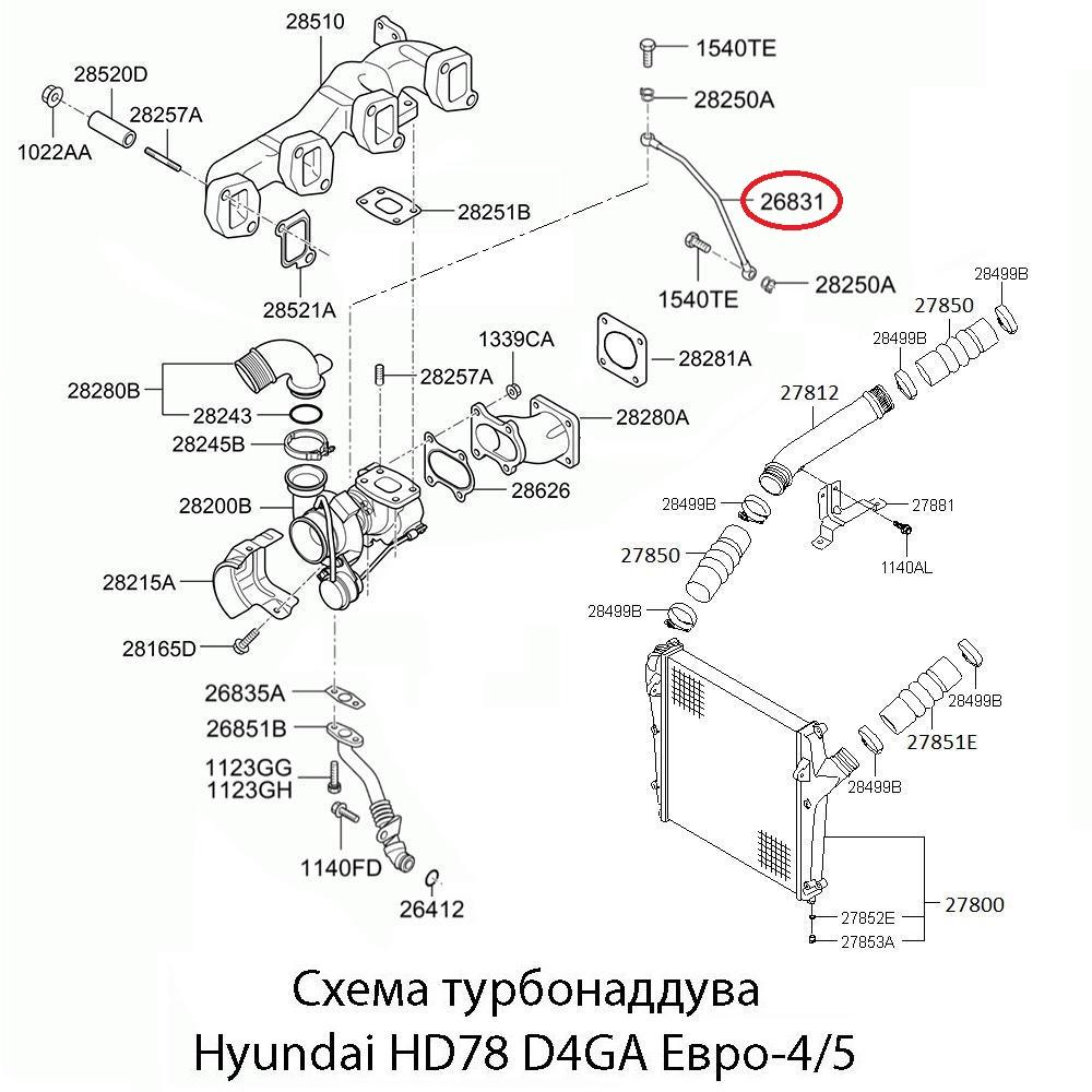 Трубка подачи масла к турбине Hyundai HD-78 D4GA Евро-5 | Оригинал